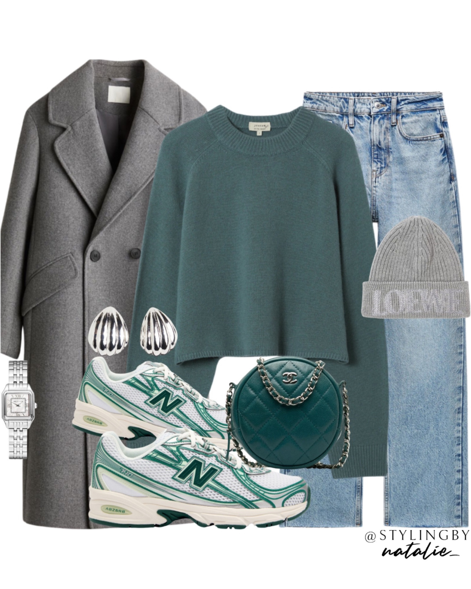 Grey & green outfit.
Double breasted grey wool coat, teal crew neck jumper, jeans, New Balance 740 trainers, Loewe beanie, Chanel round quilted chain bag & silver accessories. Autumn outfit, sneakers.

#LTKstyletip #LTKautumn #LTKeurope
