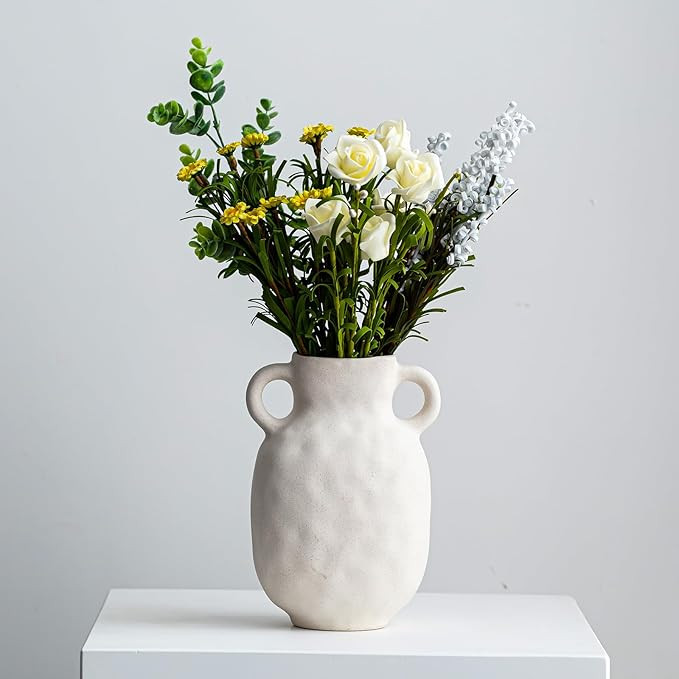 White Ceramic Vase Home Decor Boho Rustic Farmhouse Jug Decorative Flower Stoneware Vintage Matte... | Amazon (US)