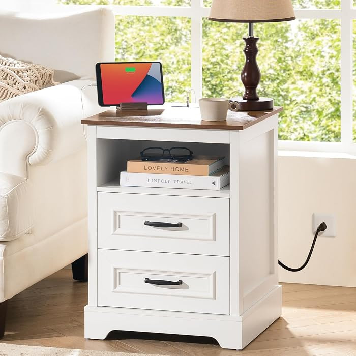 Farmhouse Nightstand with Charging Station, Wood Night Stand with Drawers, Bedside Table, Nightst... | Amazon (US)