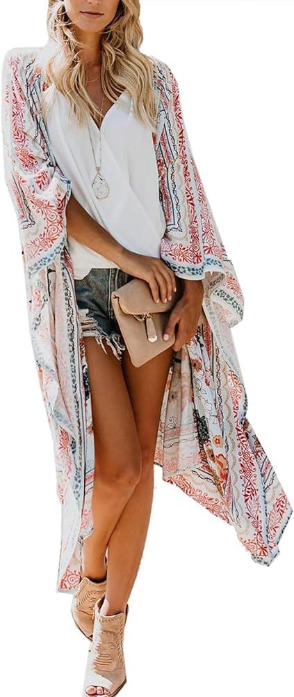 Women's Sheer Chiffon Blouse Tops Kimono Cardigan Floral Loose Cover Ups Outwear Plus Size | Amazon (US)
