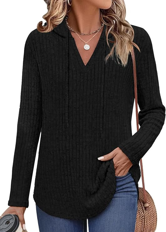Lylinan Womens Long Sleeve Knit Hoodies V Neck Pullover Tops Ribbed Sweaters Fall Fashion Clothes... | Amazon (US)