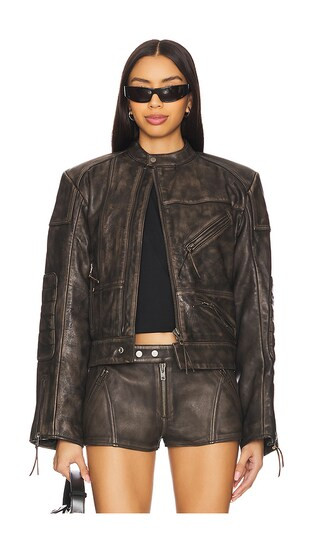 Lavinia Leather Racer Jacket in Distressed Black | Revolve Clothing (Global)