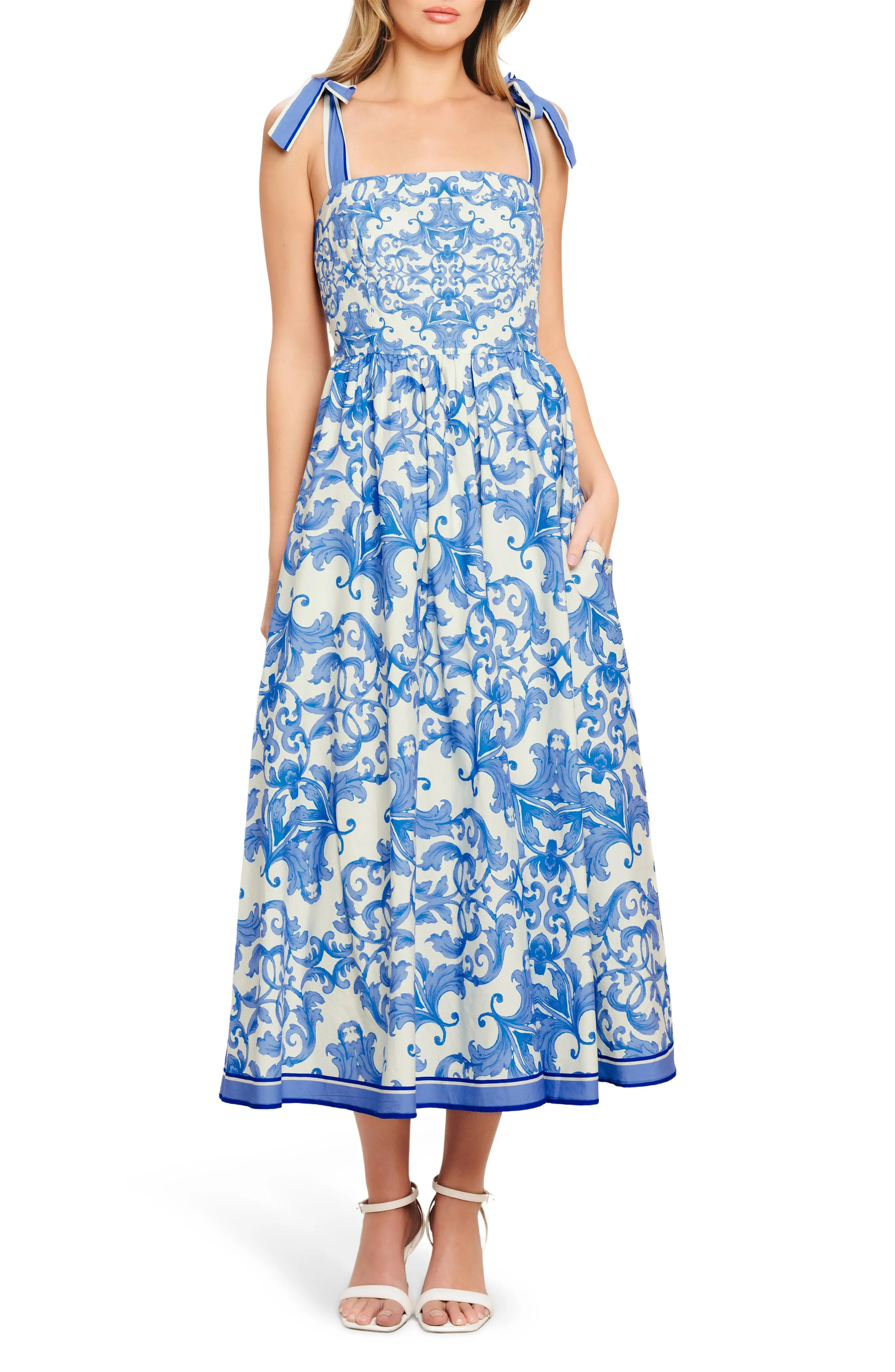 FLYING TOMATO Bow Tied Shoulder Strap Midi Dress in Ivory Blue at Nordstrom Rack, Size Small | Nordstrom Rack
