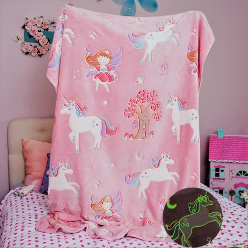 Glow in The Dark Unicorn Blanket for Girls – Soft Pink Fleece Throw. Great Christmas, Birthday, Baby, Toddler Unicorn Gifts! Unicorn Toys for Girls, with Fairy, Butterfly, Stars. Bright Long-Last Glow | Amazon (US)