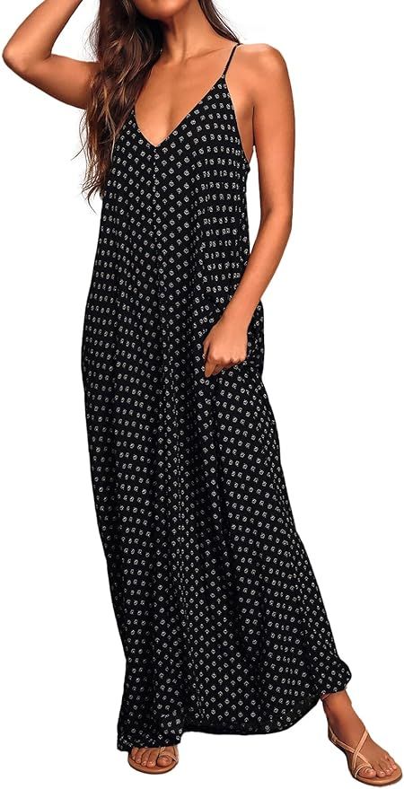 Poetsky Womens Casual Strappy V Neck Sleeveless Flowy Pockets Loose Long Maxi Beach Dress Sundres... | Amazon (US)