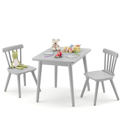 Curipeer Windsor Kids Table and 2 Chair Set, Rubberwood Toddler Table and Chair Set for Art, Play, Craft, Activity, Children Table with Non-Slip Legs/Round Edge Design, Gray | Amazon (US)
