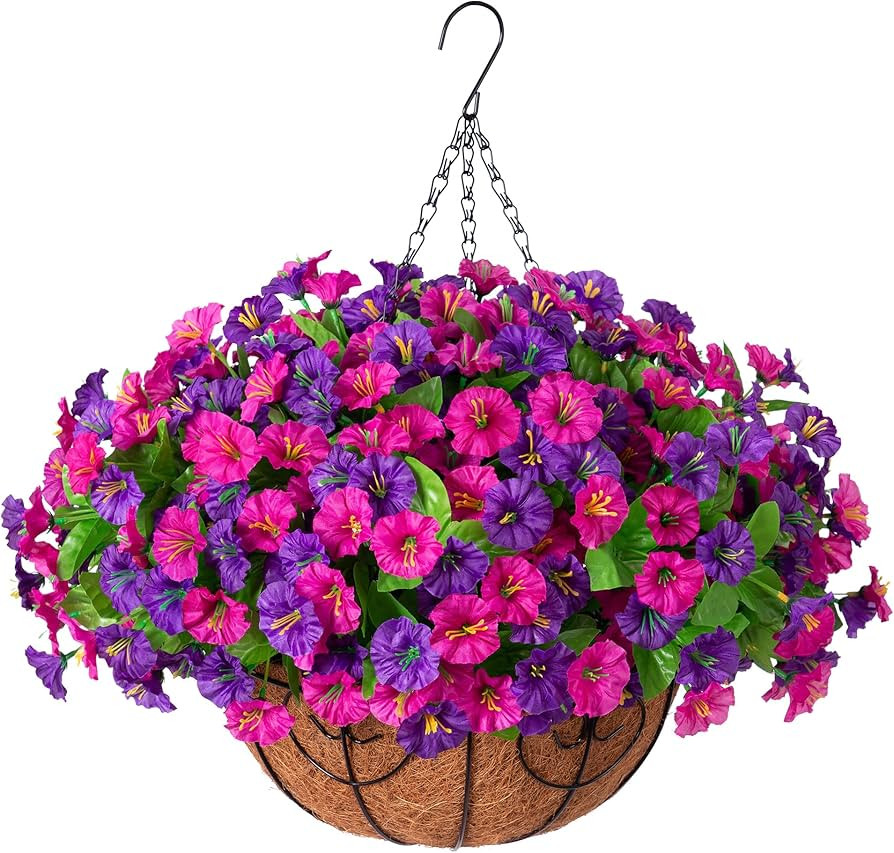 Artificial Fake Hanging Flowers with Basket, Faux Silk Morning Glory Flower Arrangement for Sprin... | Amazon (US)