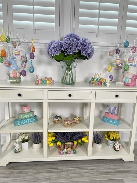 Spring decor and Easter decor on my white console table! #home #amazon #amazonhome #founditonamazon #homedecor #springdecor #easterdecor #spring #easter #hydrangea #flowers #fauxflowers #vase #flowervase #easterornaments 

#LTKhome