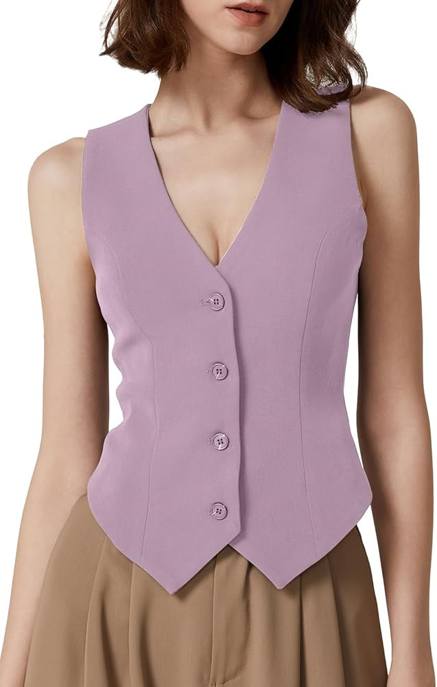 QINSEN Womens V Neck Vest Top Sleeveless Button Down Fully Lined Solid Going Out Crop Tops | Amazon (US)