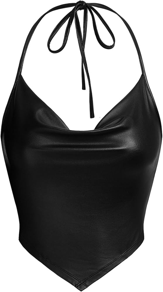 OYOANGLE Women's PU Leather Going Out Top Summer Sleeveless Draped Halter Crop Tank Cami Top | Amazon (US)