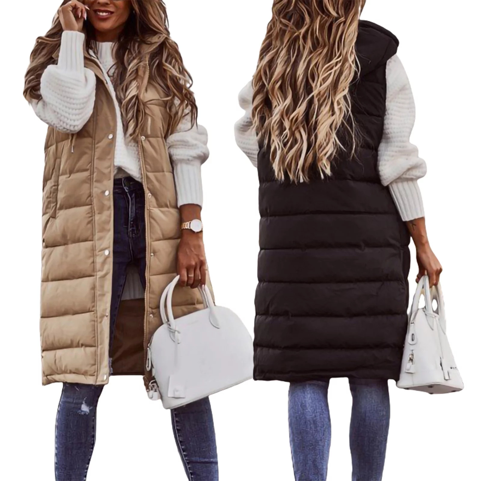 Women Warm Keeping Long Gilet Solid Colour Sleeveless Zipper  Puffer Jacket Hooded Waistcoat Midi... | Walmart (US)