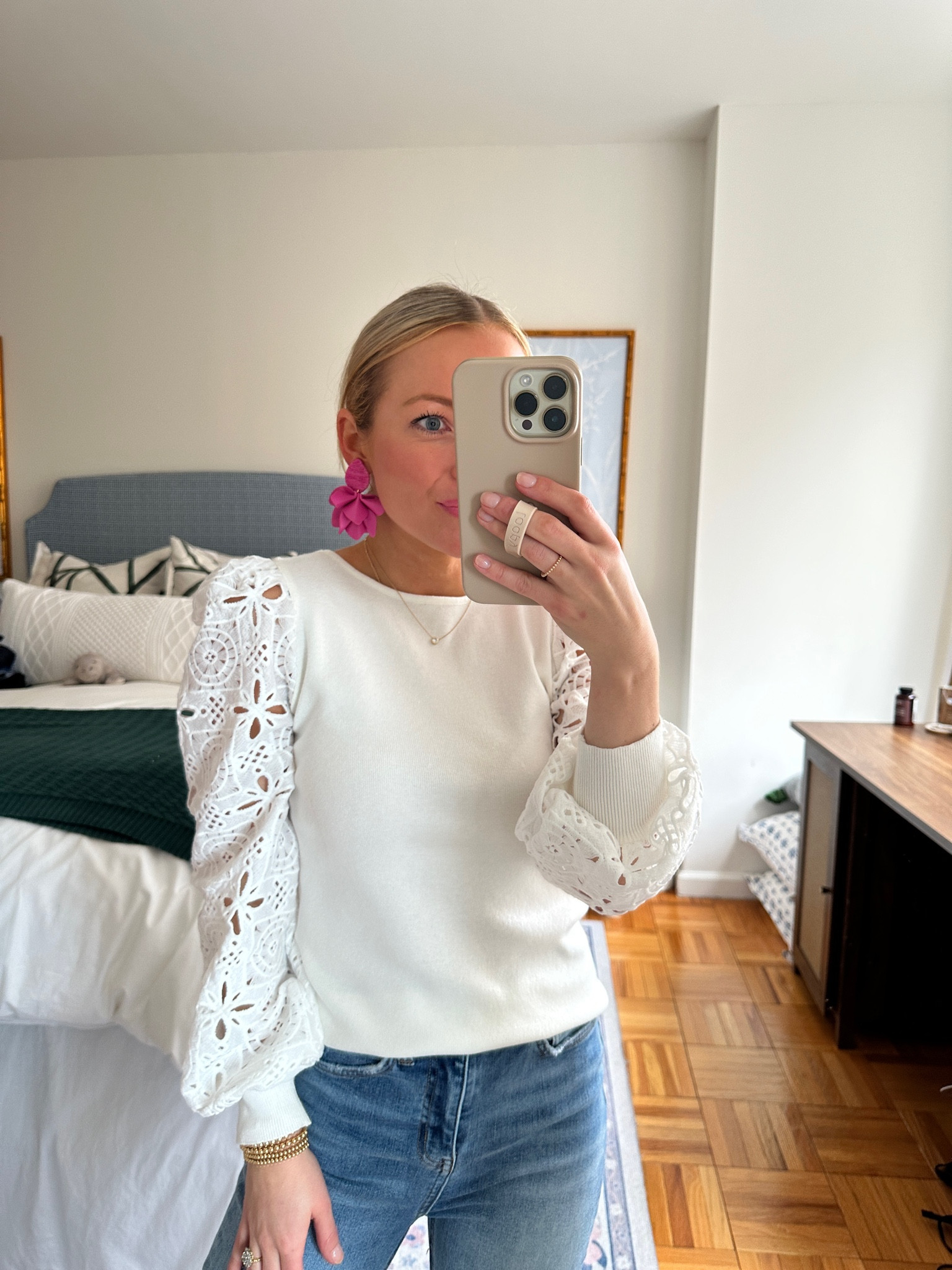 White long sleeve eyelet top, pink statement earrings, light wash mom jeans, spring break outfit 

#LTKSeasonal #LTKstyletip #LTKfit