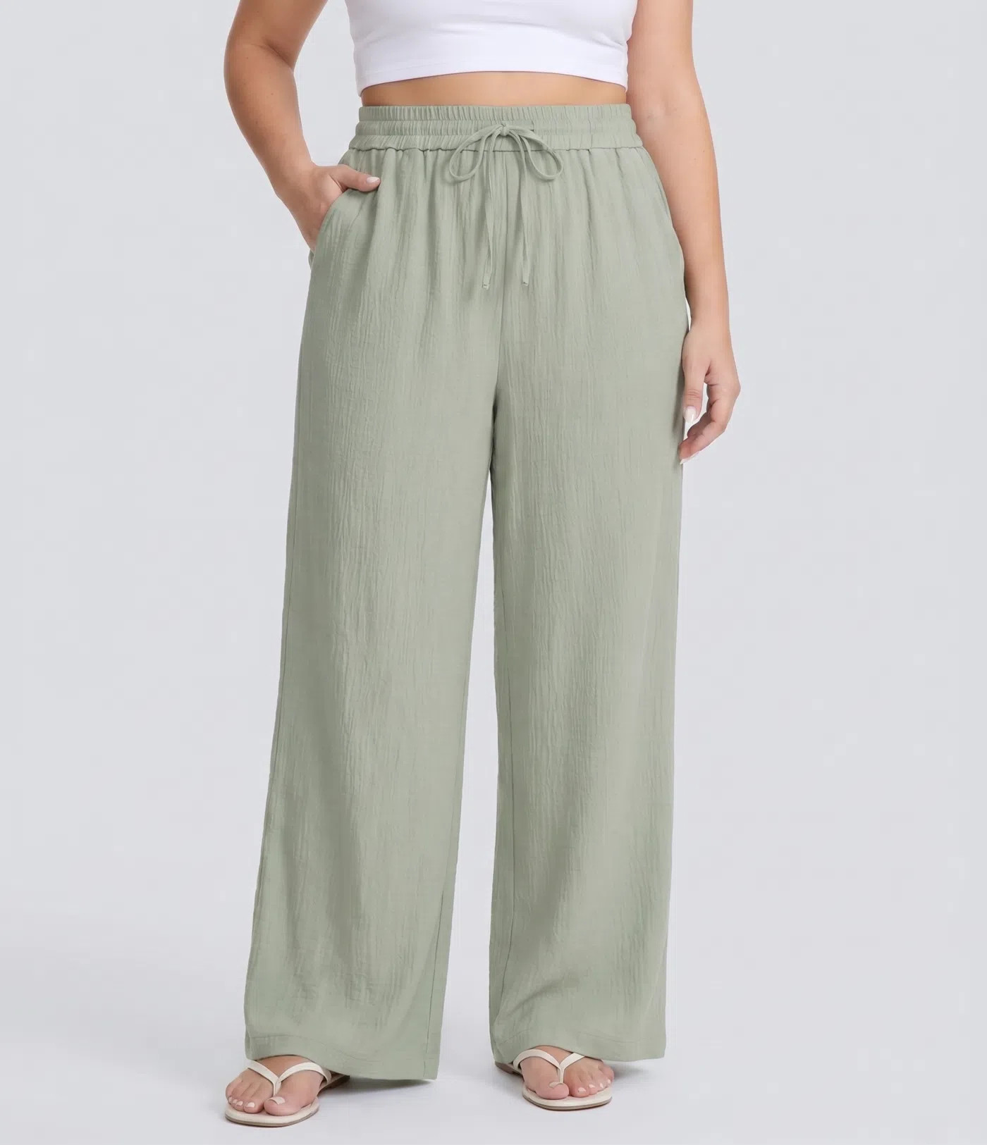 High Waisted Drawstring Linen-Feel Wide Leg Casual Plus Size Pants with Pockets | HALARA