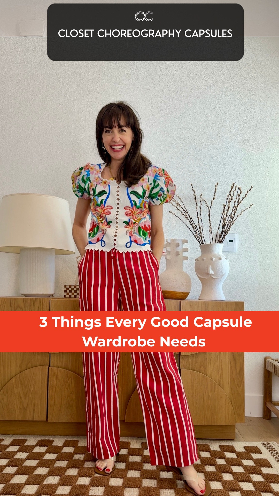 Three things every capsule wardrobe needs, and my trademark capsule wardrobes always have

1. Color Story
2. Capsule Outfit Multipliers - this capsules has 3!
3. Tops and bottoms that mix and match no matter what 

The capsule checklist includes
1. Colorful blouse (color story)
2. Vest (multiplier)
3. Button Up (multiplier)
4.Neutral print dress (multiplier)
5. White skirt
6. Drawstring Pants
7. Light Wash Jeans
8.  Cardigan (multiplier)
9. Striped Bag & Jelly Sandals

Promo codes for vip shoppers 
Vest Closet_15 
Jewelry CLOSETCHOREOGRAPHY20