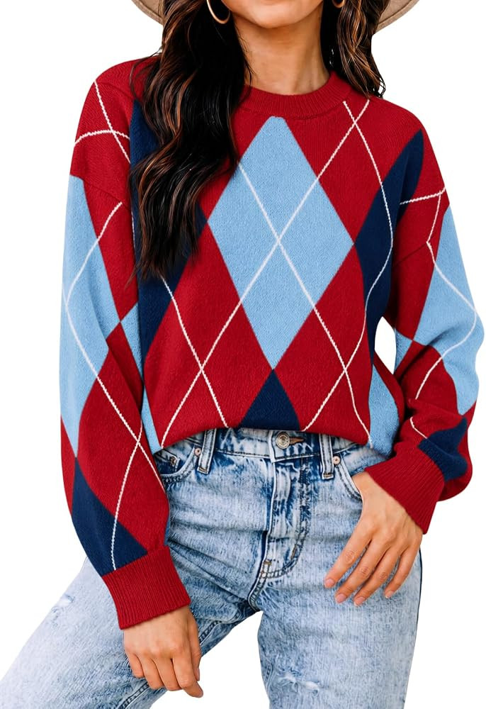 Cicy Bell Womens Cropped Sweaters Argyle Color Block Knit Pullover Tops | Amazon (US)