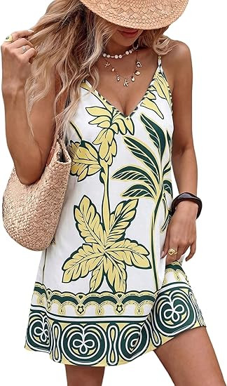 SOLY HUX Women's Summer Boho Printed Mini Dress V Neck Spaghetti Strap Flowy Vacation Cami Dresse... | Amazon (US)