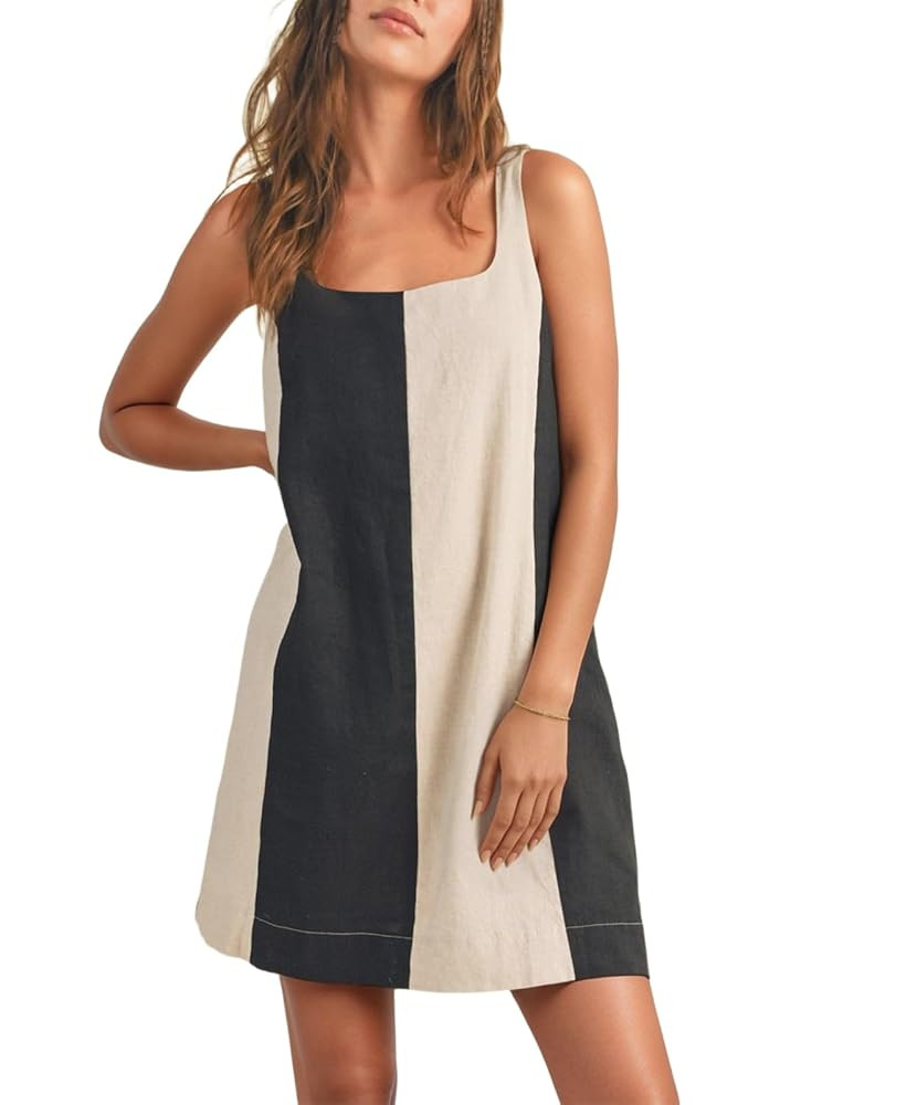 CHARTOU Women Summer Sleeveless Linen Dress Color Block Short Beach Vacation Tank Dress | Amazon (US)