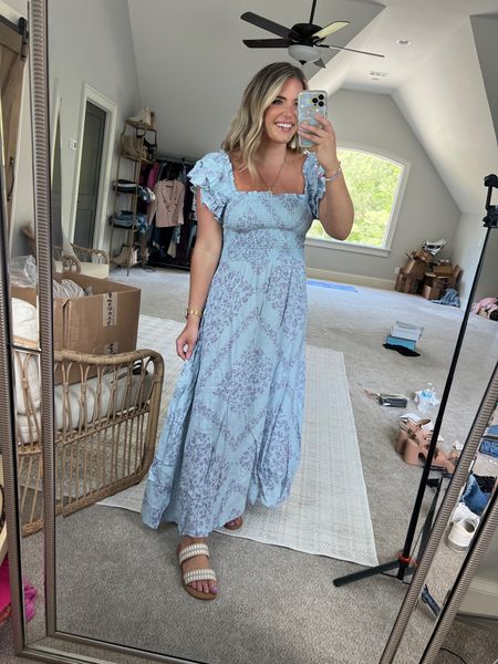 The maxi dress of your dreams. A stunner. I feel so confident in this. Perfect family photo dress or for the beach or vacation outfit dress. ⭐️ TTS - M ⭐️ 

Wedding guest dress  Vacation dress family photo outfit ideas midsize size 8 smocked top ruffle sleeve blue maxi dress flattering Post partum dress bump friendly 

#LTKunder100 #LTKwedding #LTKFind