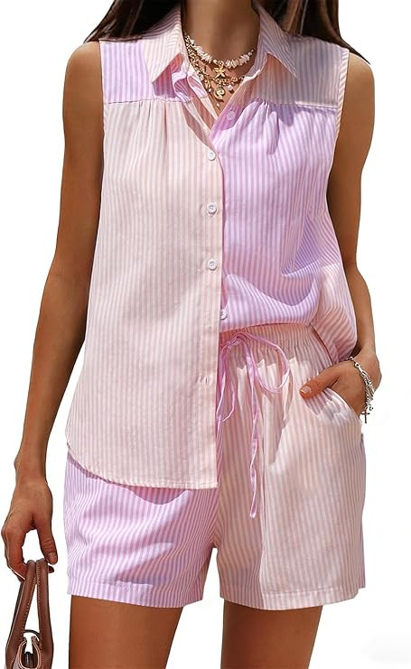 EXLURA Women's Summer 2 Piece Outfits Cotton Sleeveless Button Down Shirts Matching Shorts Sets C... | Amazon (US)