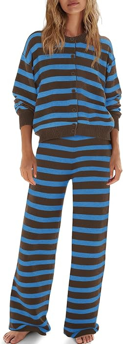 ReachMe Womens Oversized Striped 2 Piece Sets Button Up Cardigan and Wide Leg Pants with Pockets ... | Amazon (US)