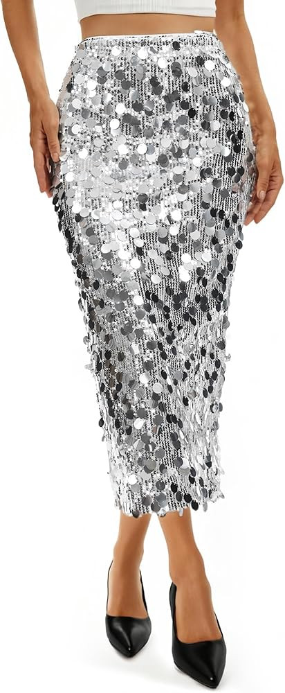 JASGOOD Sequin Skirt for Women Elastic High Waist Midi Skirt Side Slit Stretchy Sparkle Skirts fo... | Amazon (US)