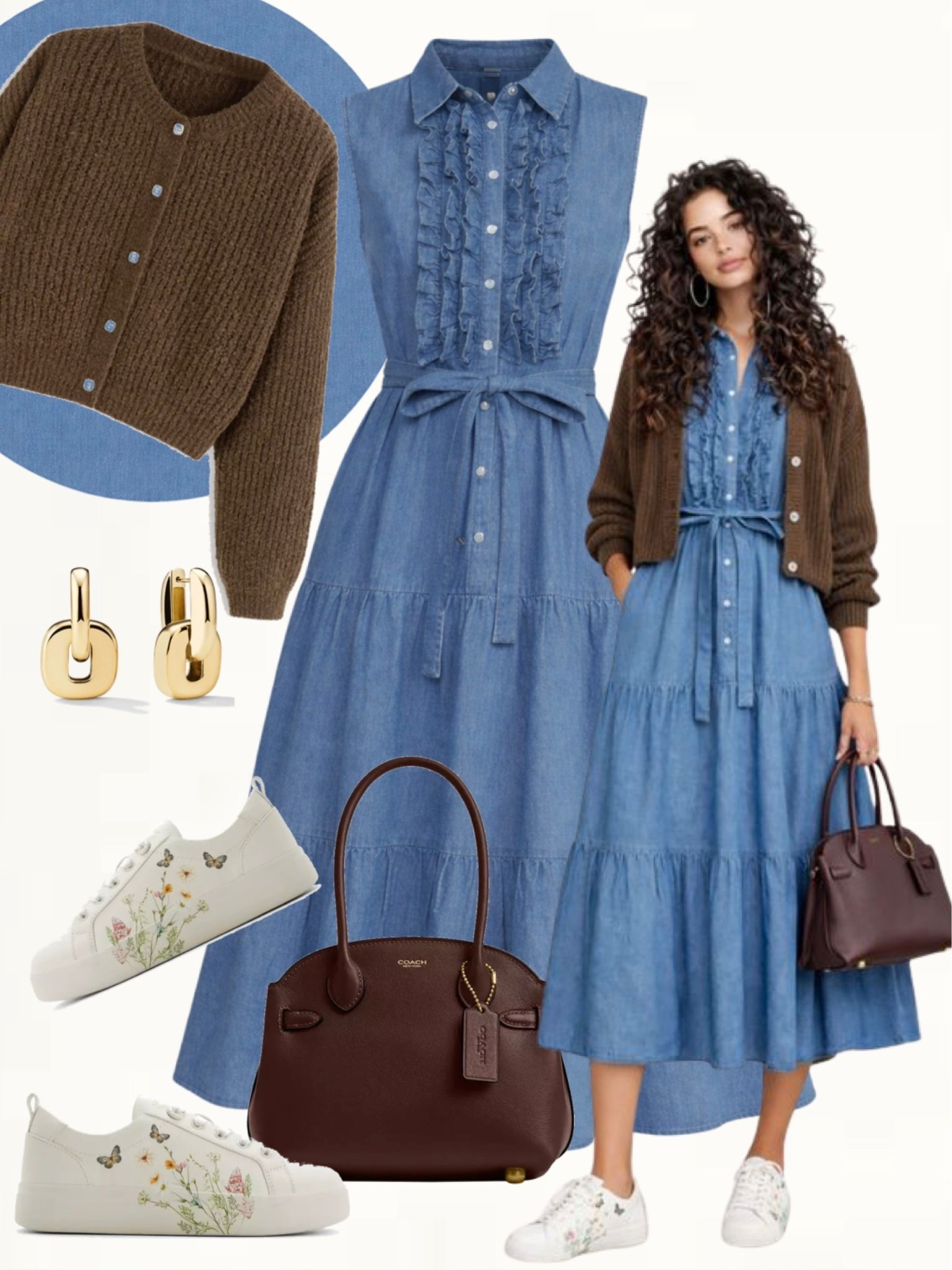 Soft blue sleeveless denim dress with front ruffle details styled with a cropped brown cardigan, white embroidered sneakers, and a structured brown top-handle bag. Gold hoop earrings complete the look.
#effortlessstyle #denimdress #dailyoutfits

#LTKOver40 #LTKootd #LTKSeasonal