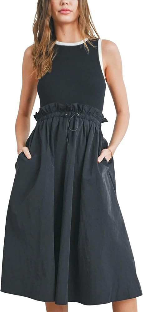 Hongsui Women's Contrast Tank Dress Casual Summer Ruffled Midi Dress with Pockets | Amazon (US)
