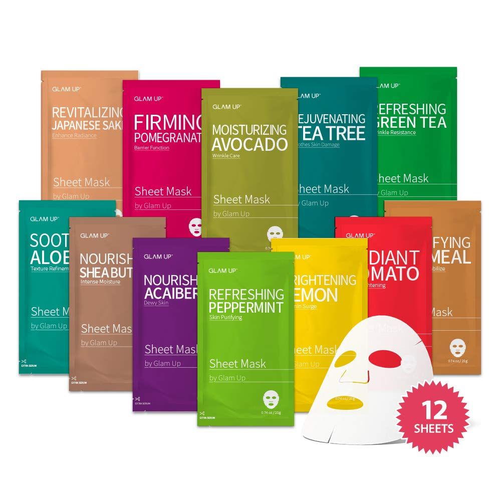 GLAM UP Sheet mask Facial Sheet Mask 12 Combo (Pack of 12) | Face Masks Skincare, Hydrating Face Mas | Amazon (US)