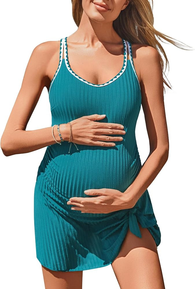 Summer Mae Ribbed Maternity One Piece Swim Dress Pregnancy Swimsuit with Built-in Bottom Swimwear... | Amazon (US)