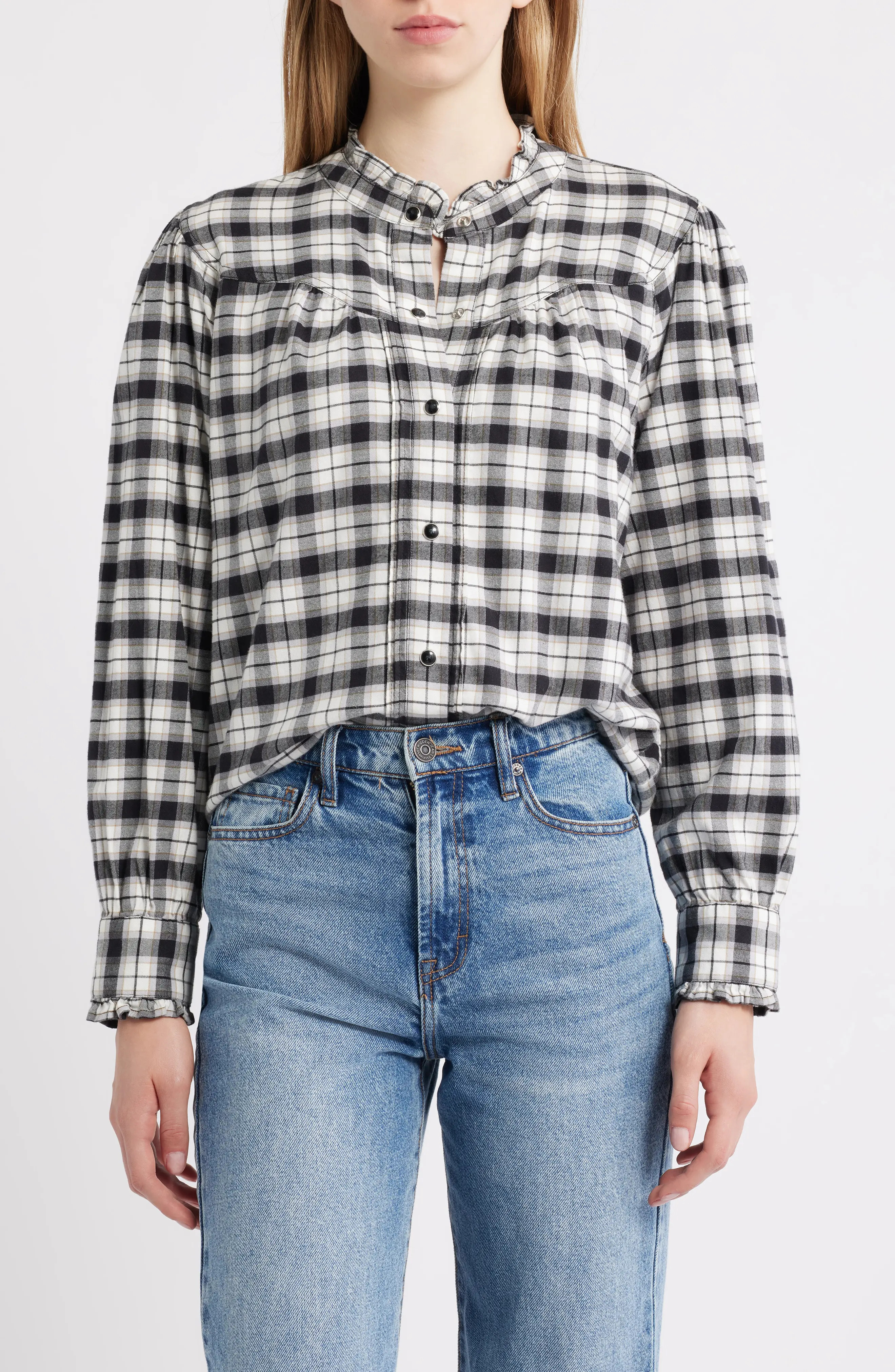 Rails Alanna Ruffle Plaid Snap-Up Shirt in Ivory Smoke Onyx at Nordstrom Rack, Size Medium | Nordstrom Rack