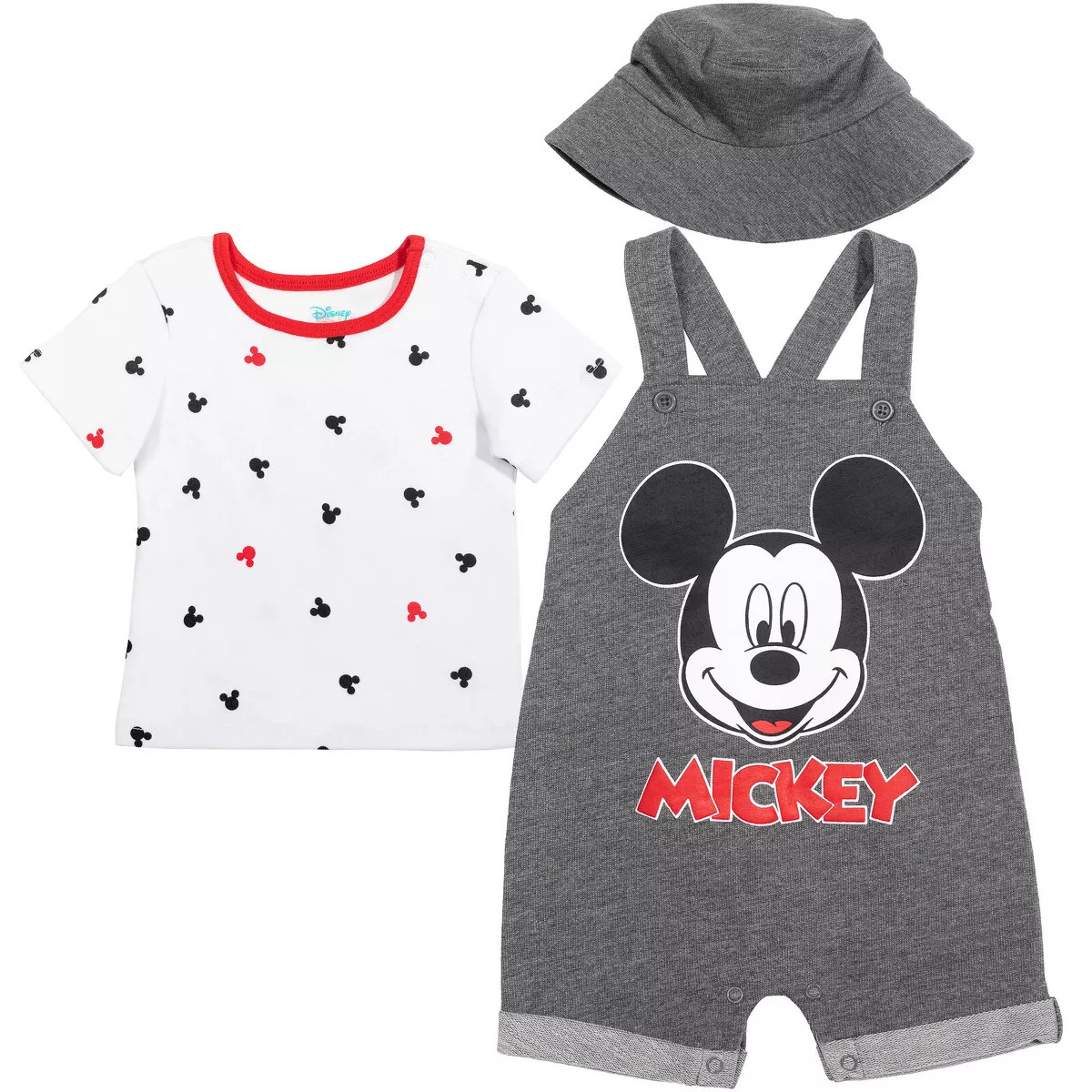 Disney Mickey Mouse Baby French Terry Short Overalls T-Shirt and Hat 3 Piece Outfit Set Newborn t... | Target
