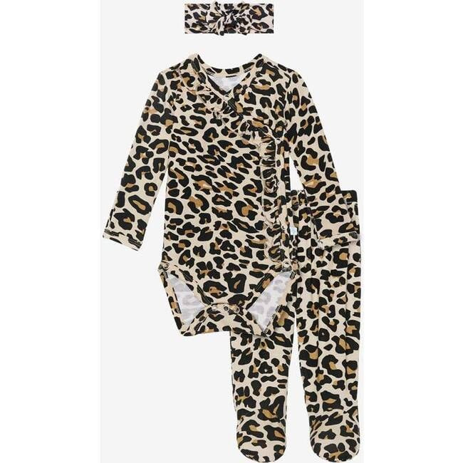 Posh Peanut | Ruffled Kimono Set Footie Pants & Headband Set, Lana Leopard (Tan, Size 0-3M) | Maison | Maisonette
