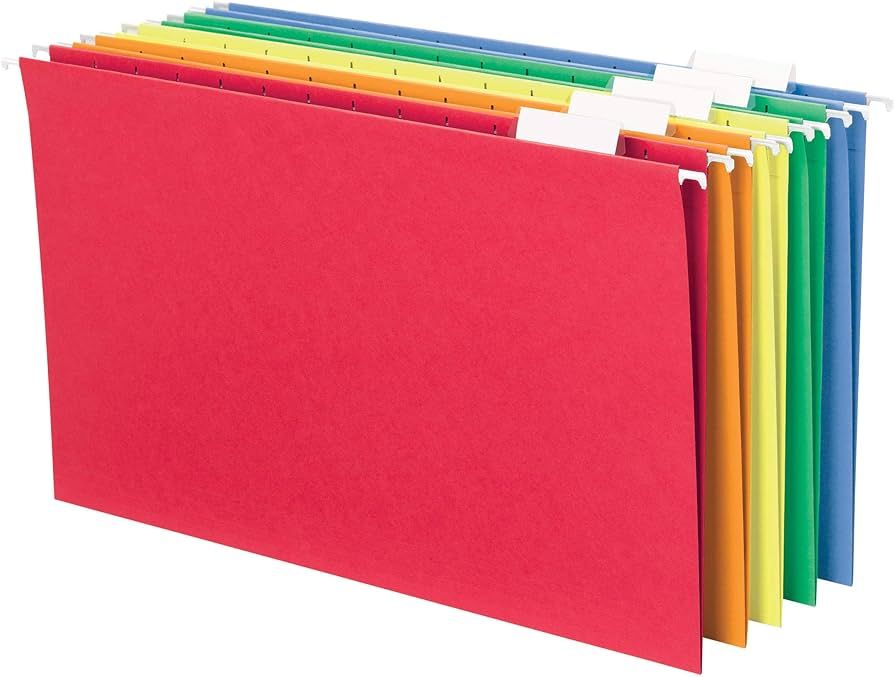 Smead Hanging File Folder with Tab, 1/5-Cut Adjustable Tab, Legal Size, Assorted Primary Colors, ... | Amazon (US)