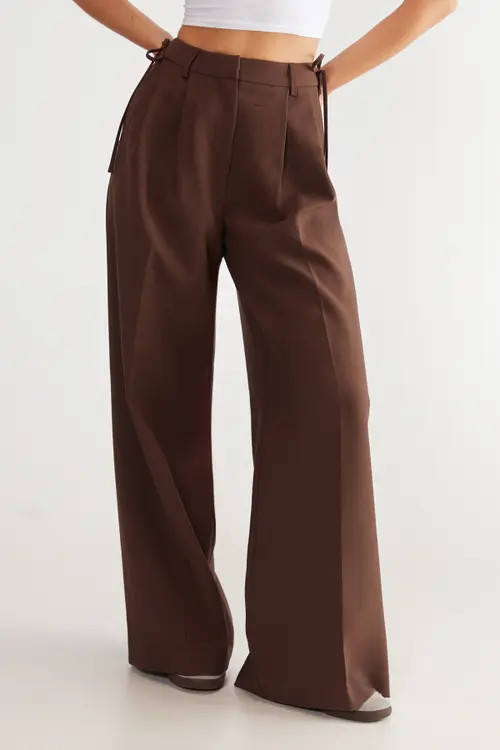 NASTY GAL Premium Tailored Tie Detail Pants in Choc Brown at Nordstrom, Size 0 | Nordstrom