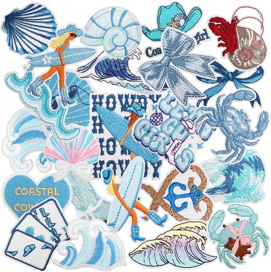 24pcs Blue Sea Themed Iron/Sew on Patches, Ocean Beach Wave Embroidered Applique, Coastal Cowgirl... | Amazon (US)