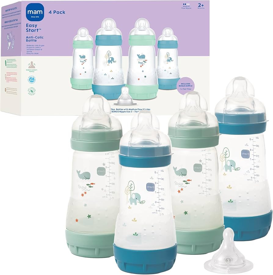 MAM 9oz Easy Start Anti-Colic Baby Bottles, Medium Flow with Bonus Fast Flow Nipple, Breastfeedin... | Amazon (US)