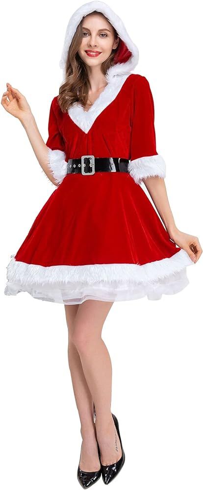ALITERCY Women's Mrs Claus Santa Costume Christmas Cosplay Outfit Dress Velvet Hooded Women Dress Wi | Amazon (US)