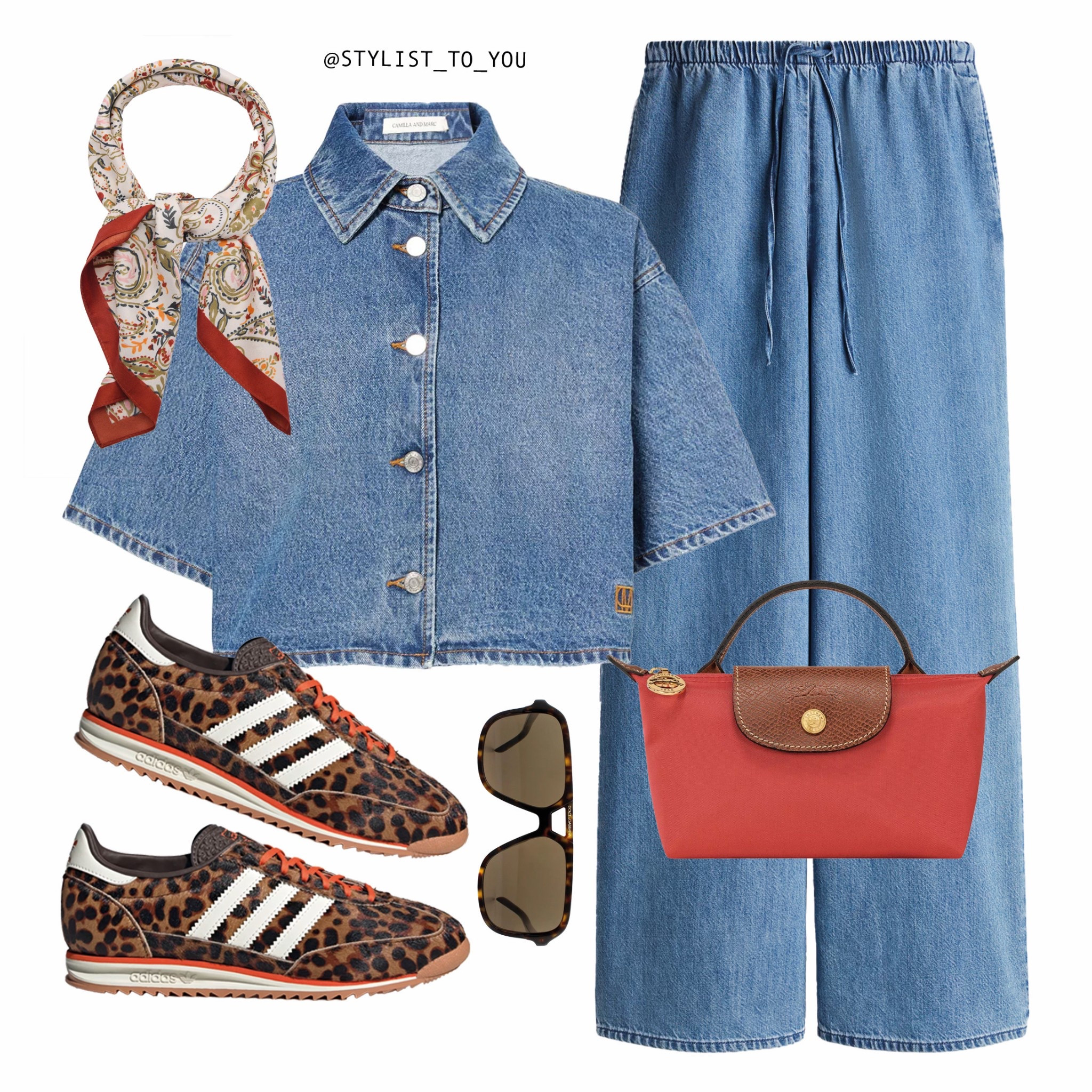 The easiest way to elevate any outfit? A printed silk scarf. 🎀 Wear it around your neck, in your hair, or on your bag.

A trendy casual outfit featuring a cropped denim button-up jacket with a matching wide-leg denim drawstring pants trousers. The look is accessorised with a paisley silk neck hair bag scarf, oversized aviator sunglasses, a mini red Longchamp La pliage handbag, and Adidas leopard-print trainers sneakers with white stripes. Double denim, denim co-ord, denim outfit, casual chic, street style, wide-leg pants, denim jacket, trendy fashion, leopard trainers sneakers, Adidas sneakers, sporty chic, statement sneakers, silk scarf, retro sunglasses, small handbag, red handbag, minimalist fashion, weekend look, athleisure, comfortable style, fashion inspo, modern outfit, denim-on-denim, cool accessories, chic casual, vintage-inspired, urban fashion, monochrome denim, relaxed fit, fashionable sneakers, high-fashion casual, streetwear trends, layered accessories, playful prints, bold sneakers, oversized sunglasses, classic meets modern, stylish coordination, statement pieces, everyday fashion, Parisian chic, edgy yet classic, double denim.

#LTKspring #LTKuk #LTKeurope