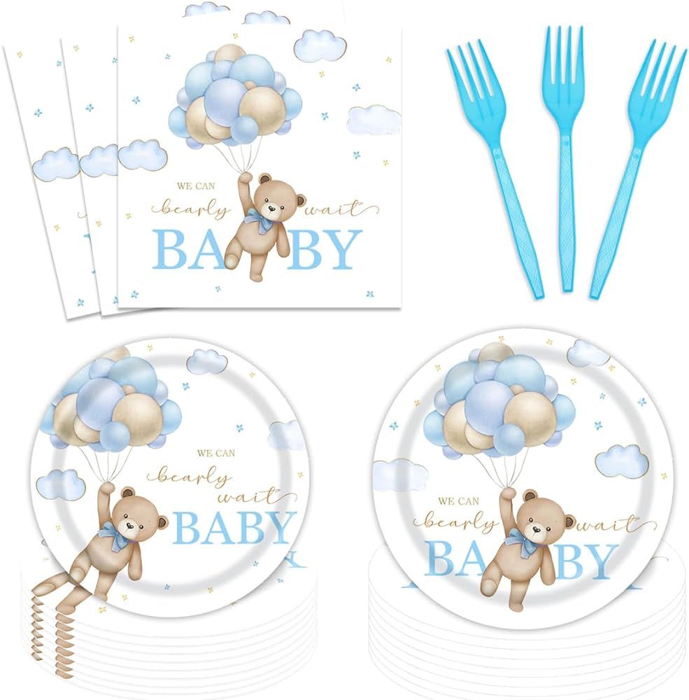 96 Pcs Bear Baby Shower Plates and Napkins Sets Party Supplies, We Can Bearly Wait Plates Disposa... | Amazon (US)