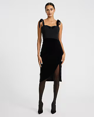 Ruched Mixed Media Sweetheart Tie Shoulder Midi Dress | Express