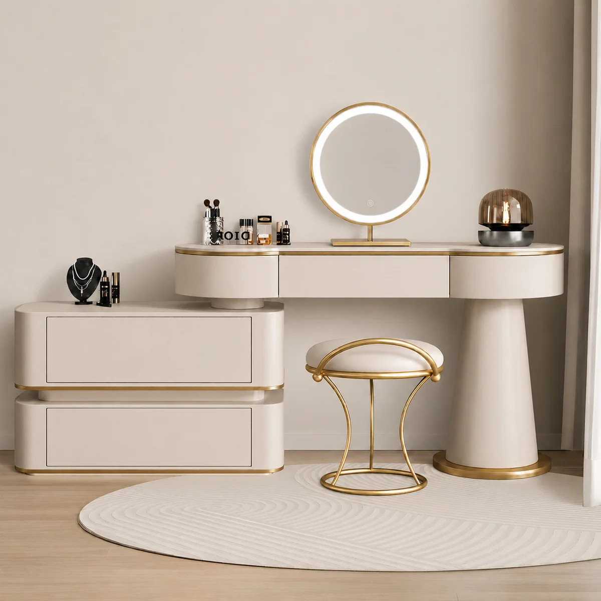 Large Vanity Desk with Mirror & Stool\u200b,Modern Cream White Dressing Table for Bedroom, Makeup... | Wayfair North America