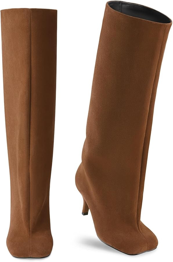 Oh Mispares Women's Nude Suede Knee High Boots - Square Toe Wide Calf Stiletto Low Heels - Fashio... | Amazon (US)