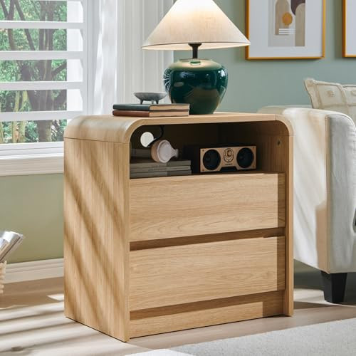 Aitjunz 25" Tall Modern Nightstand with Charging Station, 23.6'' Wide Wood Bedside Table w/2 Storage Drawers, Large Mid Century End Table for Bedroom, Living Room, Curved Profile Design,Natural Oak | Amazon (US)