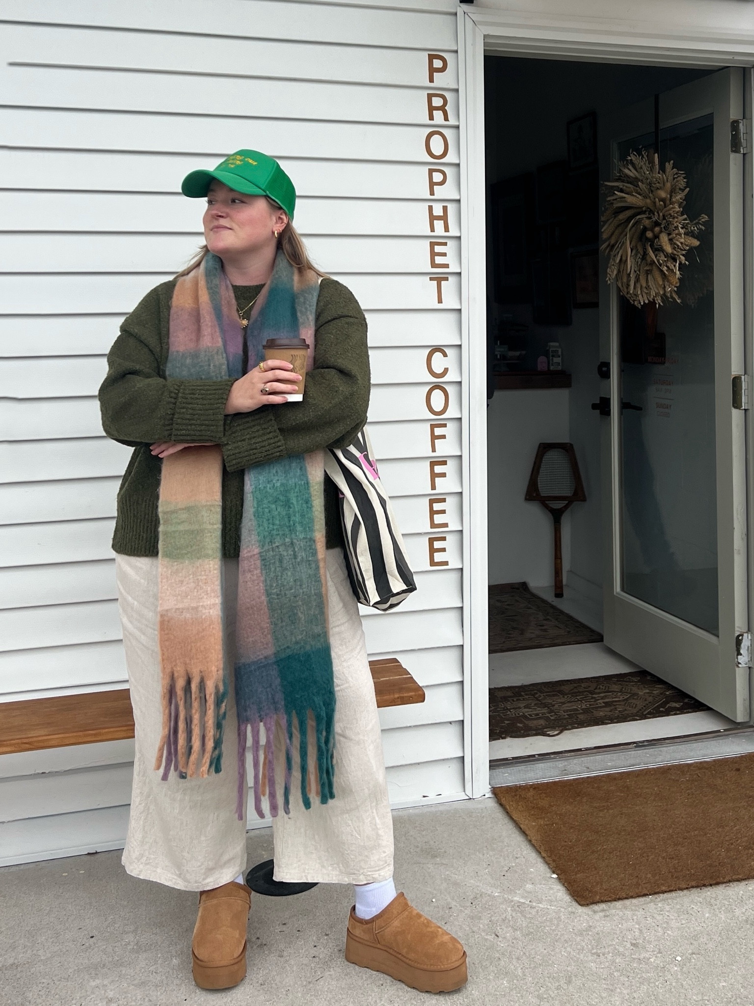 plaid oversized scarf, trucker hat, tote bag, platform ugg dupe, cozy outfits, midsize style 

#LTKmidsize #LTKstyletip #LTKshoecrush