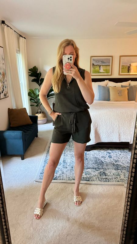 Summer travel outfit idea - olive green romper with zip up v-neck and adjustable tie at waist. I sized up one for a looser fit & it’s super comfy

Paired with gold metallic sandals 

Amazon find

#LTKFindsUnder50 #LTKSeasonal #LTKStyleTip