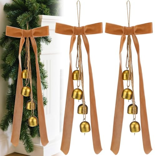 LEIFIDE 2 Pcs Christmas Rustic Cow Bells with Velvet Bow Vintage Christmas Handmade Hanging Bells with Jute Hanging Rope Gold Ornament for Xmas Tree Wreath Door Garland Home Decoration | Amazon (US)