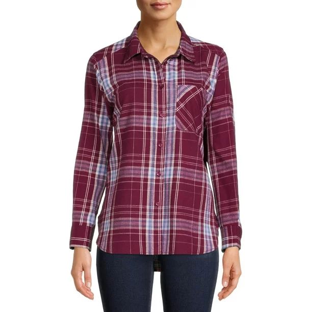Time and Tru Women's Plaid Button Front Shirt - Walmart.com | Walmart (US)