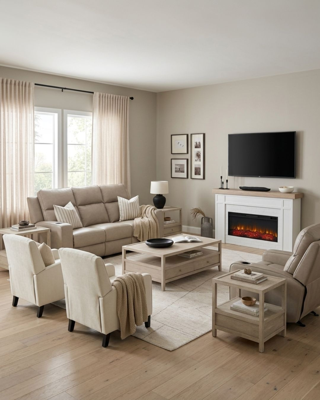 Modern Farmhouse Living Room Design

This living room is giving relaxed family gathering space and I am so here for it — think plush recliners, a big textured rug, and a fireplace glowing in the background.

*Note: This is a digital room mockup showcasing product styling ideas from my room design mood board.

#LTKHome