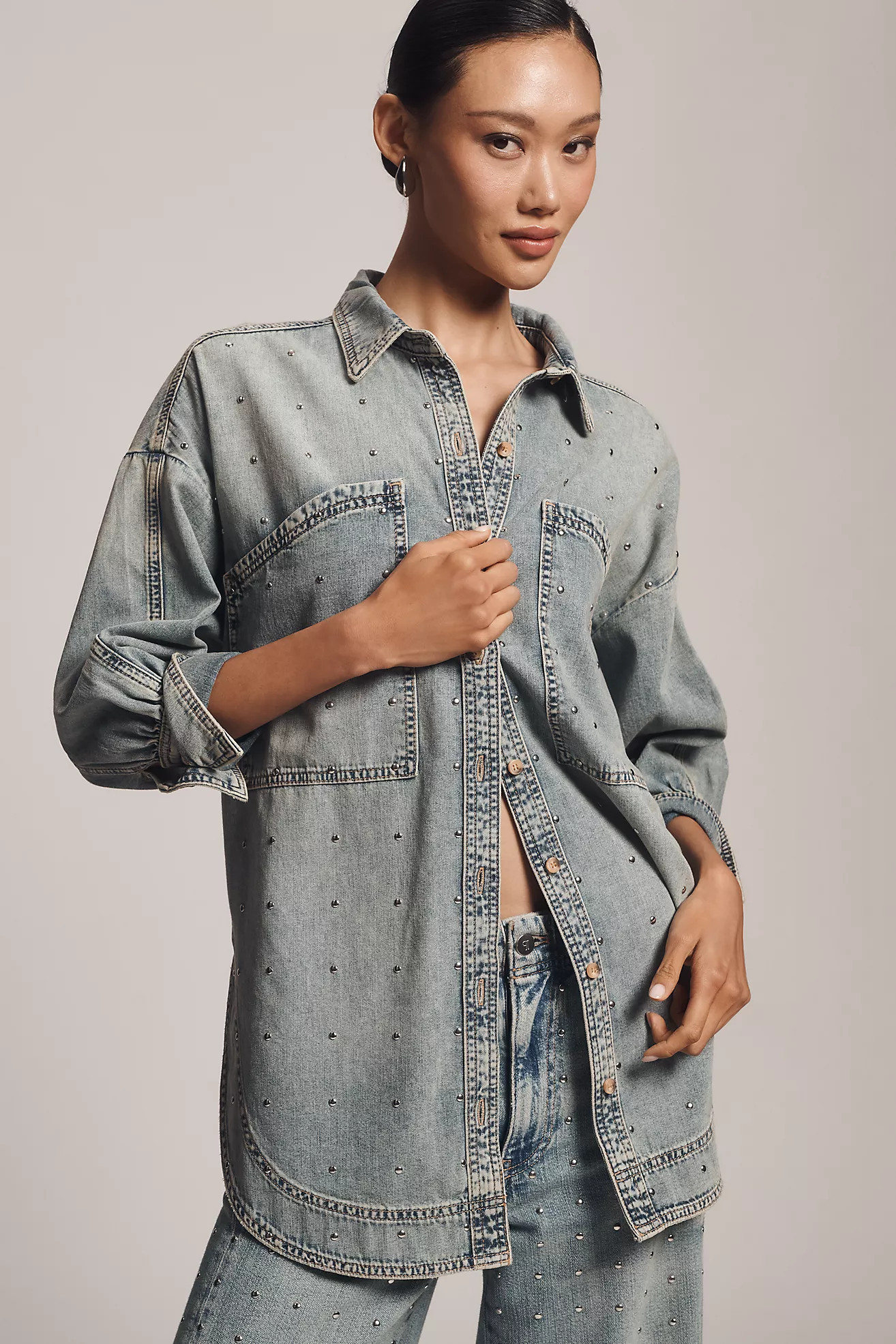 Pilcro Studded Denim Buttondown Shirt | Anthropologie (US)