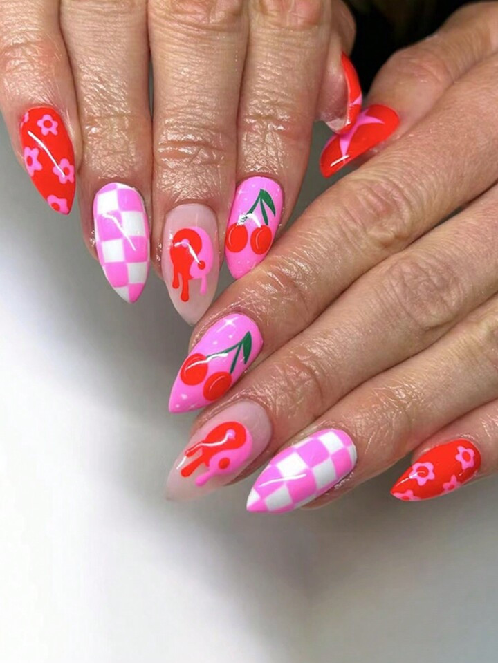 24pcs Summer Fresh Style Almond Shaped False Nails, French And Simple Tai Chi Pattern, Cherry Che... | SHEIN